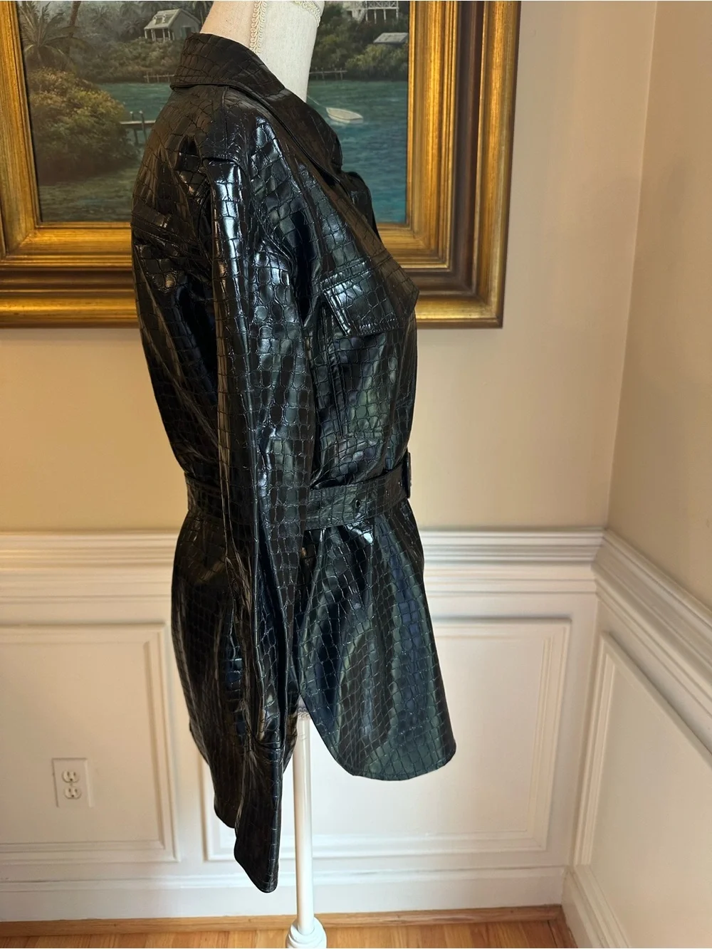 ZARA Black Faux Leather Croc Embossed Shirt Belted Jacket NWT